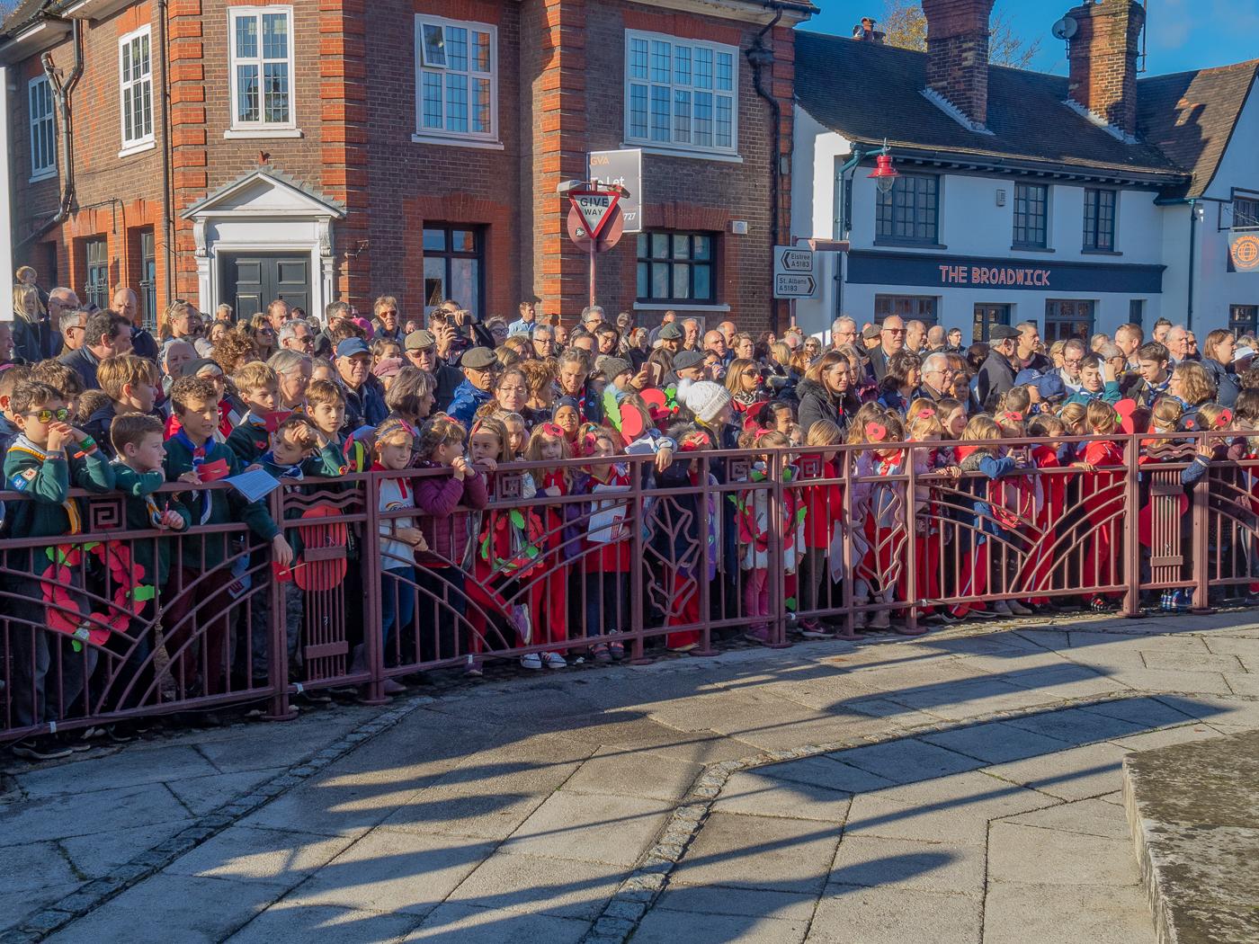 The crowd awaits the Ceremony in Watling Street, Radlett  - Armistice Centenary -  Radlett & District Museum